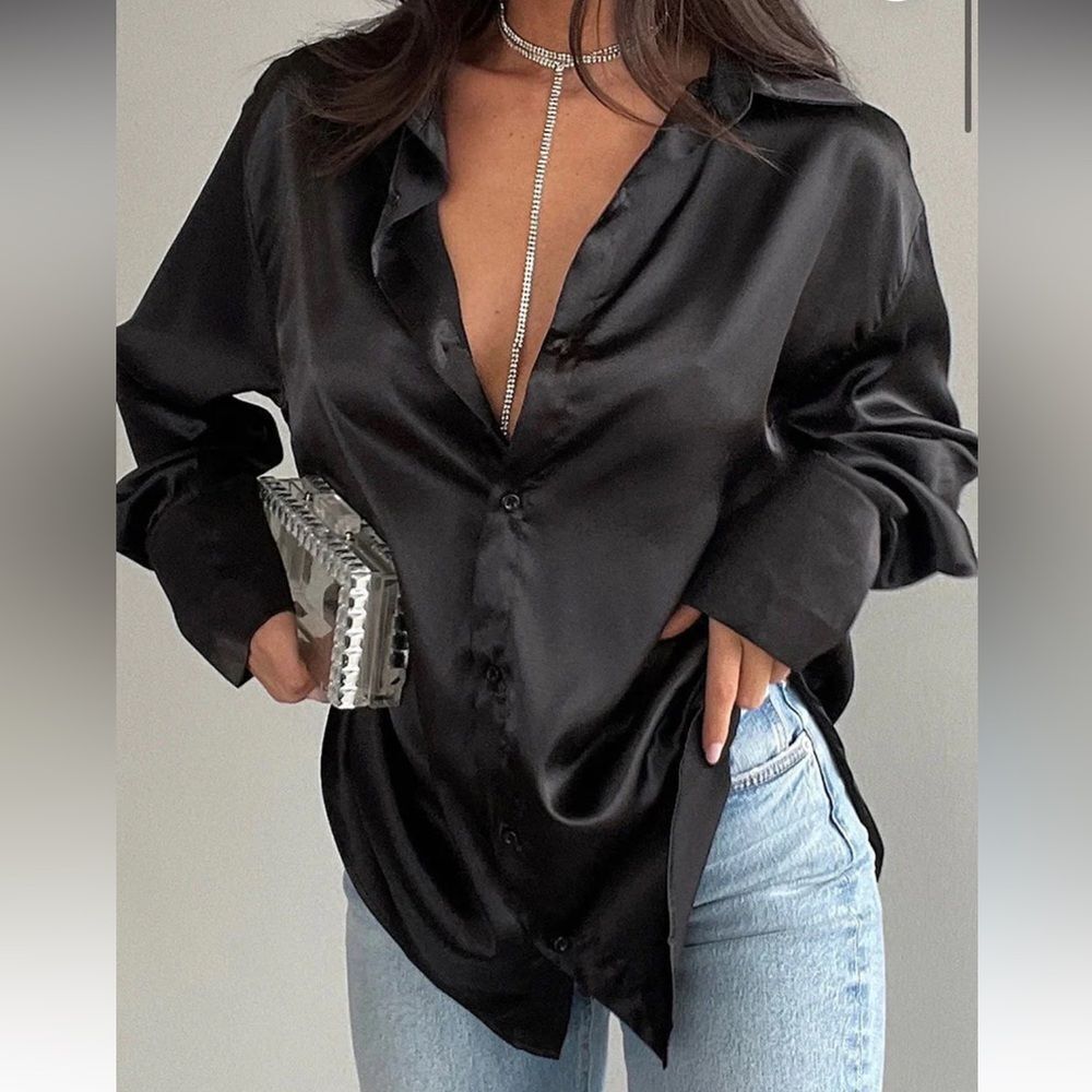 Black silky button up top - Picture 2 of 2